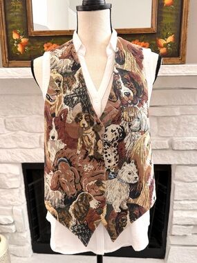 Vintage Nadia Dog Breed Tapestry Vest Small Brass Buttons Tie Back